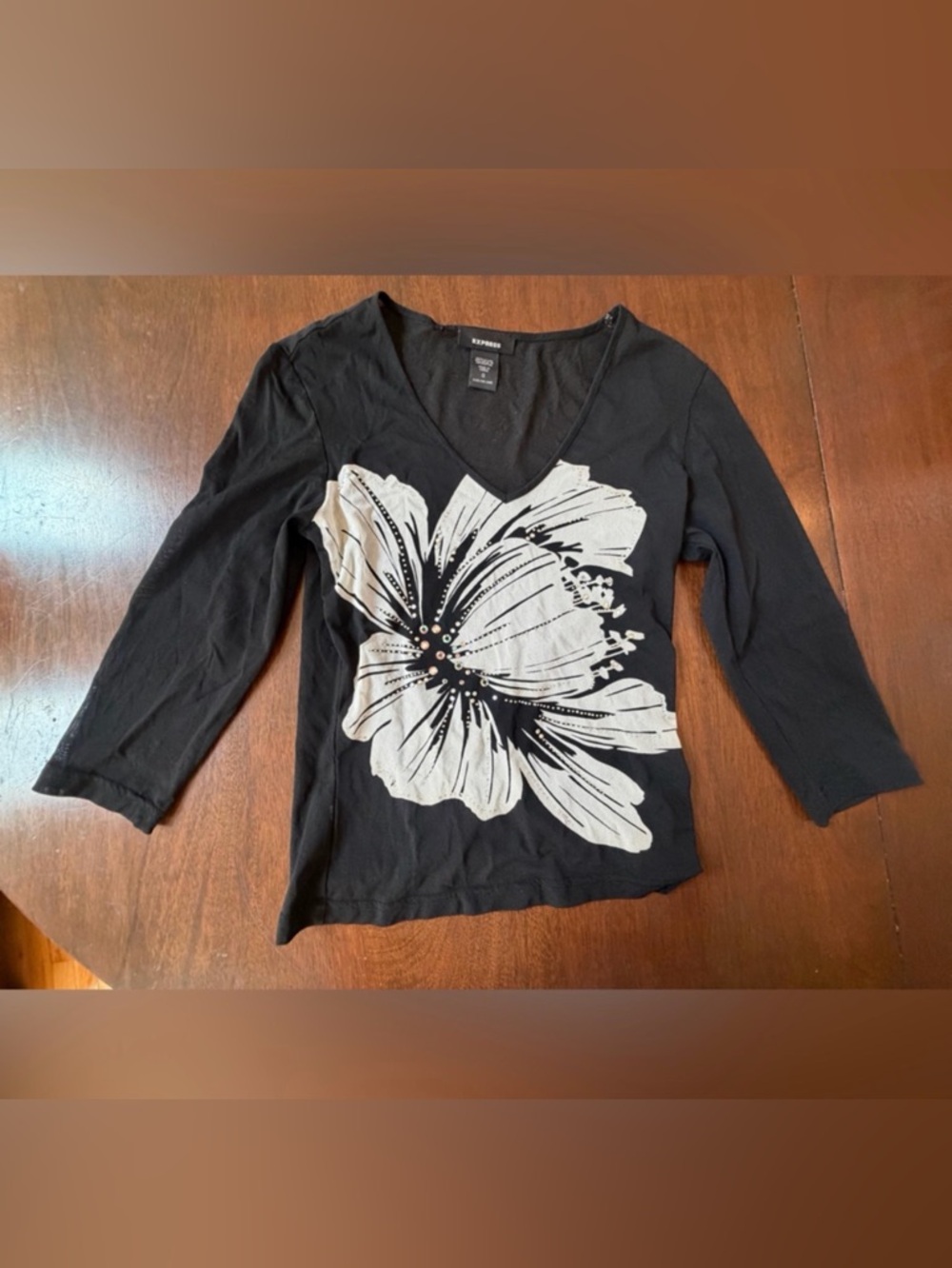 Express Vintage Sheer Black White Floral Rhinestone Mesh See Through Shirt Top